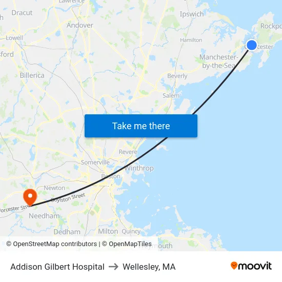 Addison Gilbert Hospital to Wellesley, MA map