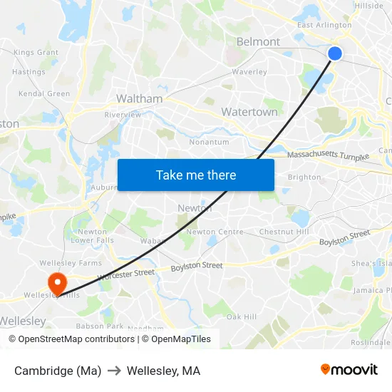 Cambridge (Ma) to Wellesley, MA map