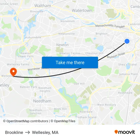 Brookline to Wellesley, MA map