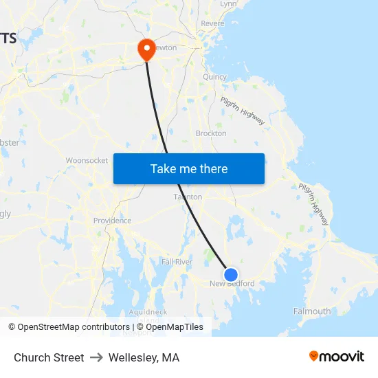 Church Street to Wellesley, MA map