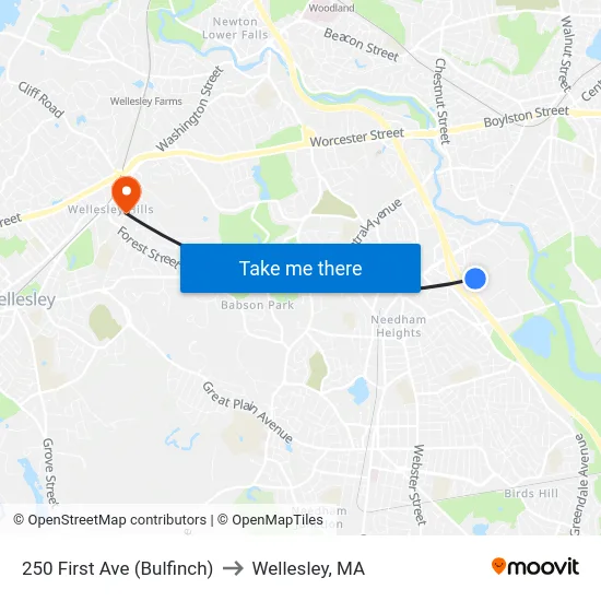 250 First Ave  (Bulfinch) to Wellesley, MA map