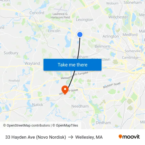 33 Hayden Ave (Novo Nordisk) to Wellesley, MA map