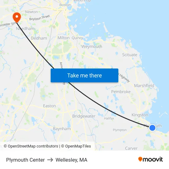 Plymouth Center to Wellesley, MA map