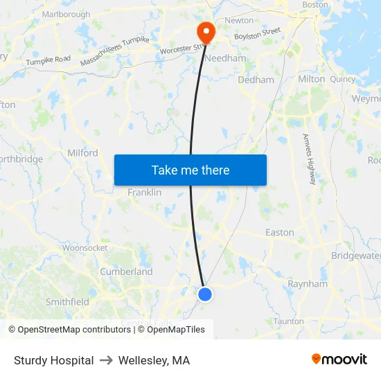 Sturdy Hospital to Wellesley, MA map
