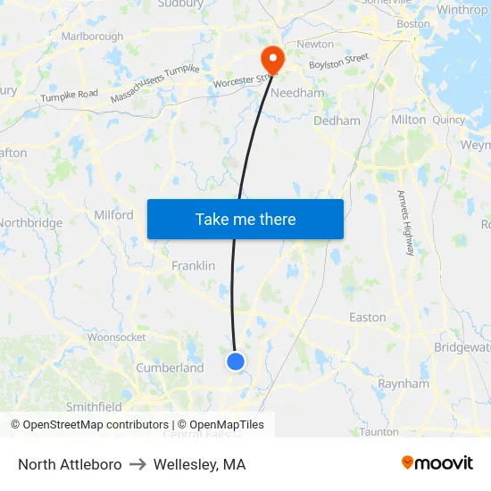 North Attleboro to Wellesley, MA map