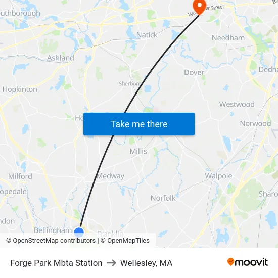 Forge Park Mbta Station to Wellesley, MA map