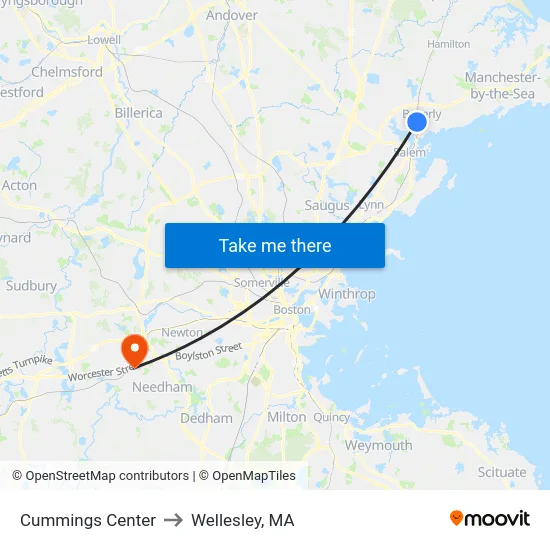 Cummings Center to Wellesley, MA map