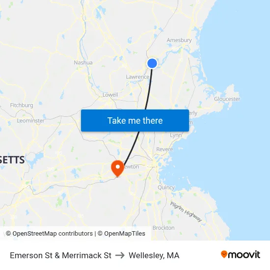 Emerson St & Merrimack St to Wellesley, MA map