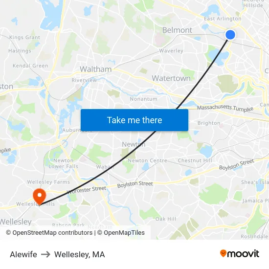 Alewife to Wellesley, MA map