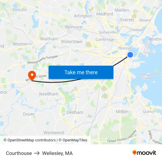 Courthouse to Wellesley, MA map