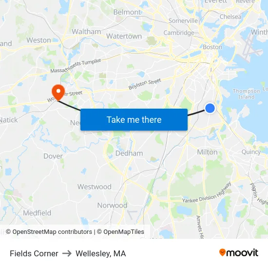 Fields Corner to Wellesley, MA map