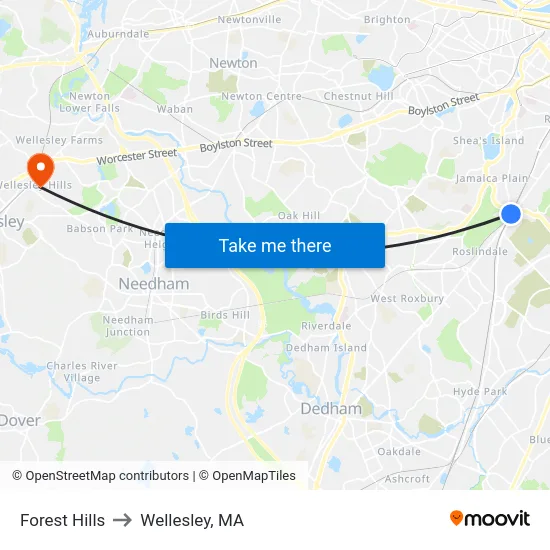 Forest Hills to Wellesley, MA map
