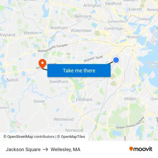 Jackson Square to Wellesley, MA map