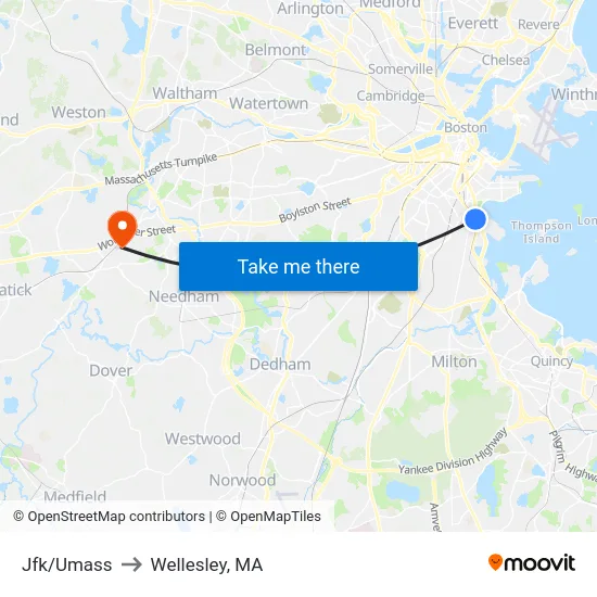 Jfk/Umass to Wellesley, MA map