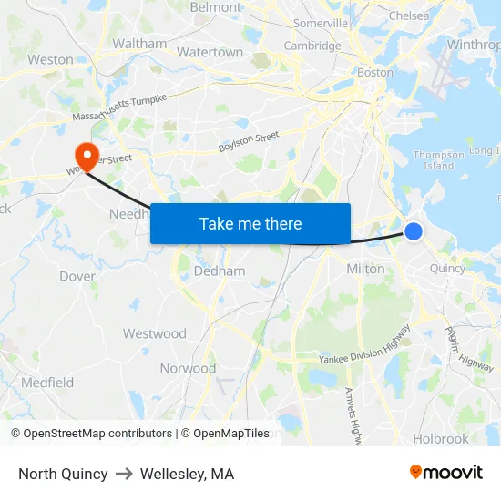North Quincy to Wellesley, MA map