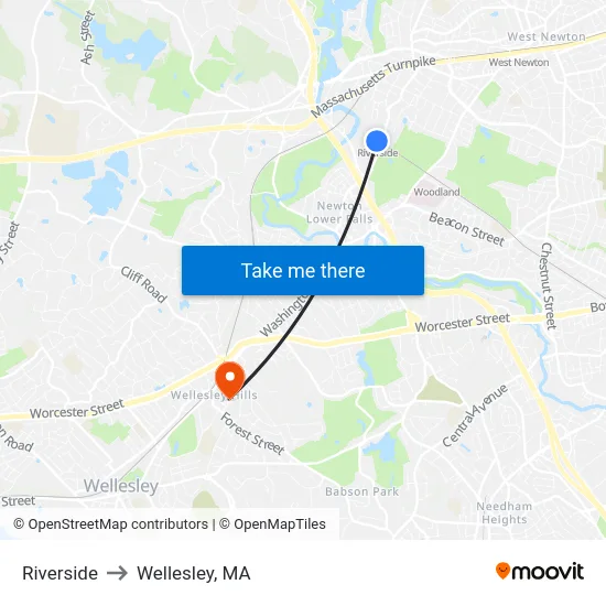 Riverside to Wellesley, MA map