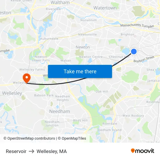 Reservoir to Wellesley, MA map