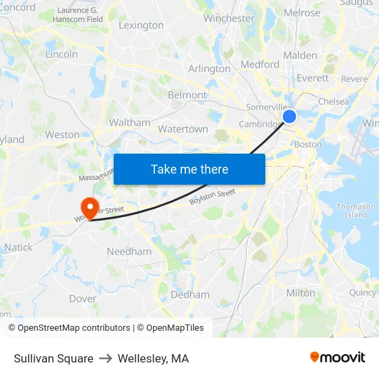 Sullivan Square to Wellesley, MA map