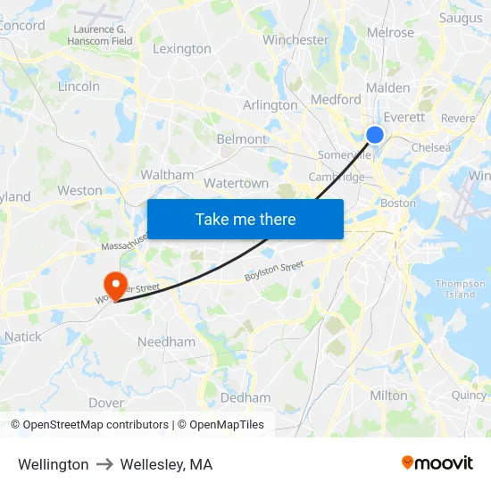 Wellington to Wellesley, MA map