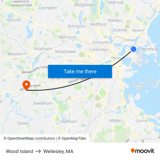 Wood Island to Wellesley, MA map