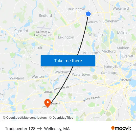 Tradecenter 128 to Wellesley, MA map