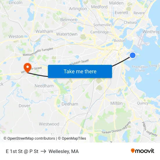 E 1st St @ P St to Wellesley, MA map