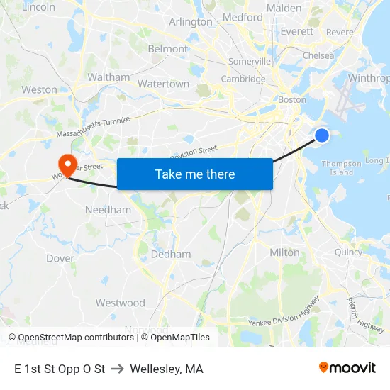 E 1st St Opp O St to Wellesley, MA map