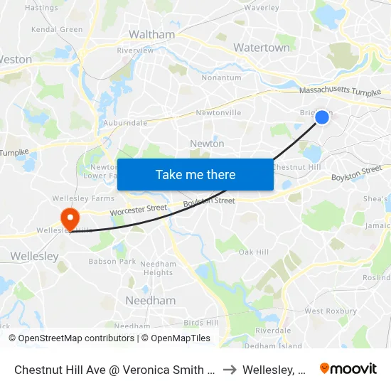 Chestnut Hill Ave @ Veronica Smith Ctr to Wellesley, MA map