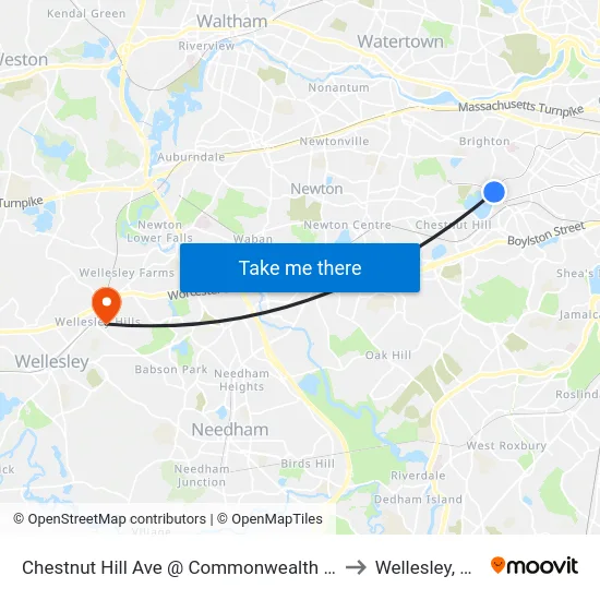 Chestnut Hill Ave @ Commonwealth Ave to Wellesley, MA map