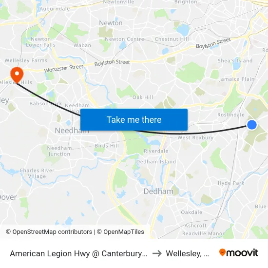 American Legion Hwy @ Canterbury St to Wellesley, MA map