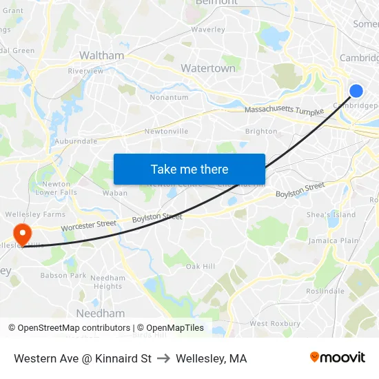 Western Ave @ Kinnaird St to Wellesley, MA map