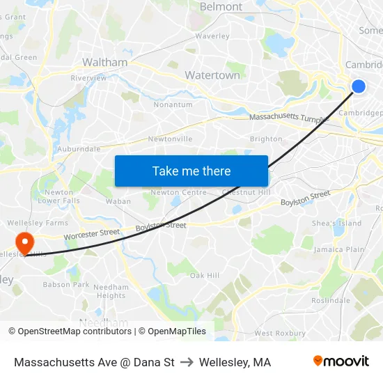 Massachusetts Ave @ Dana St to Wellesley, MA map