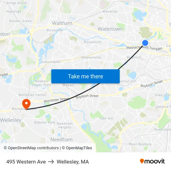 495 Western Ave to Wellesley, MA map