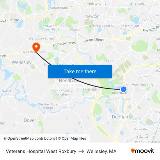 Veterans Hospital West Roxbury to Wellesley, MA map