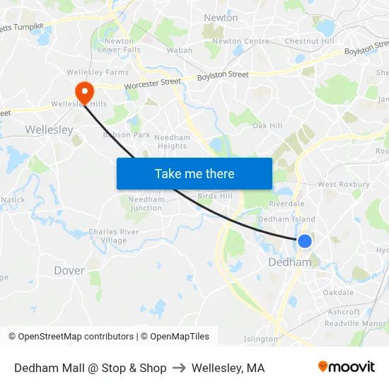 Dedham Mall @ Stop & Shop to Wellesley, MA map