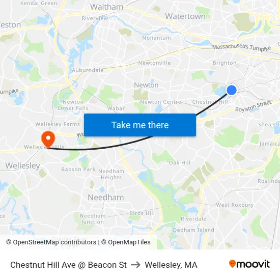 Chestnut Hill Ave @ Beacon St to Wellesley, MA map