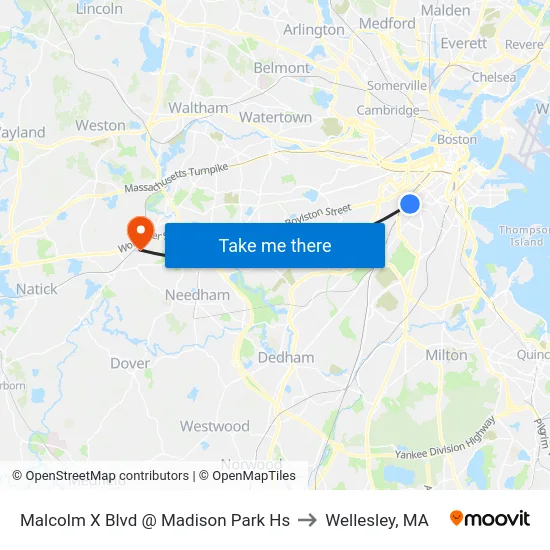 Malcolm X Blvd @ Madison Park Hs to Wellesley, MA map