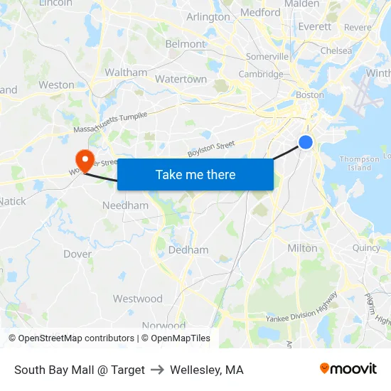 South Bay Mall @ Target to Wellesley, MA map