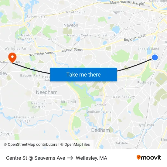 Centre St @ Seaverns Ave to Wellesley, MA map