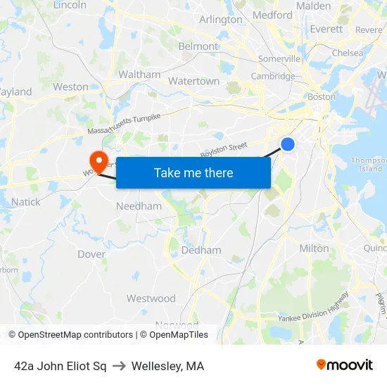 42a John Eliot Sq to Wellesley, MA map