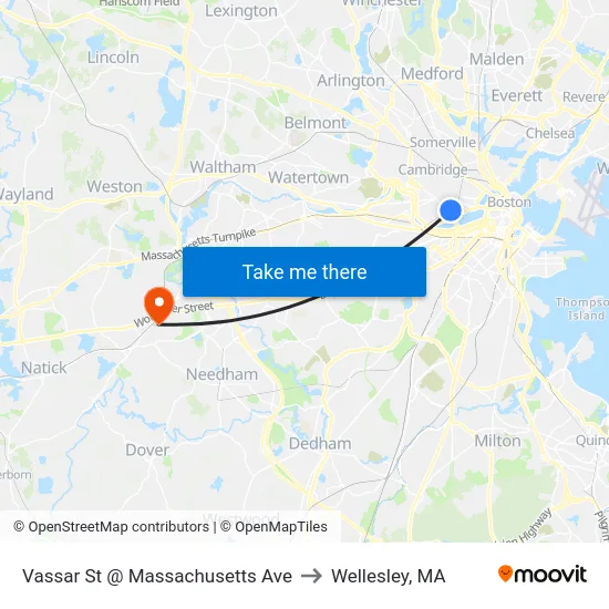 Vassar St @ Massachusetts Ave to Wellesley, MA map