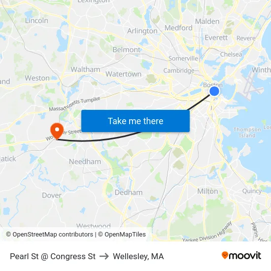 Pearl St @ Congress St to Wellesley, MA map