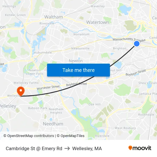 Cambridge St @ Emery Rd to Wellesley, MA map