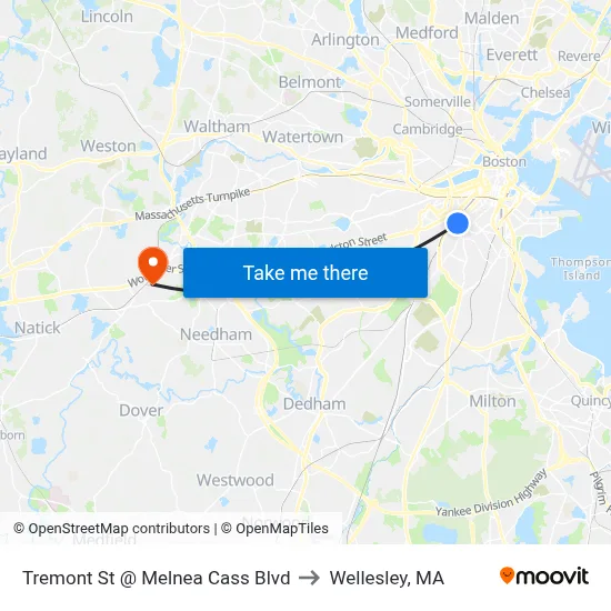 Tremont St @ Melnea Cass Blvd to Wellesley, MA map