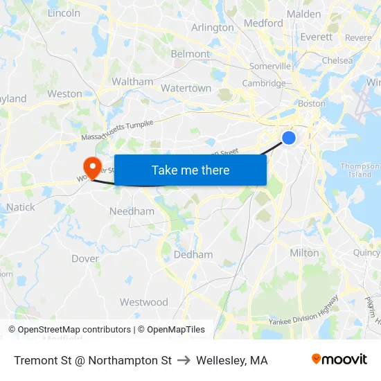 Tremont St @ Northampton St to Wellesley, MA map