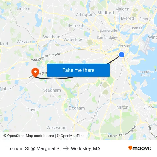 Tremont St @ Marginal St to Wellesley, MA map