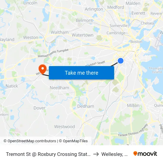 Tremont St @ Roxbury Crossing Station to Wellesley, MA map
