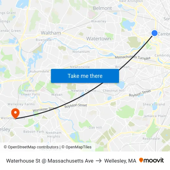 Waterhouse St @ Massachusetts Ave to Wellesley, MA map