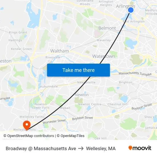 Broadway @ Massachusetts Ave to Wellesley, MA map