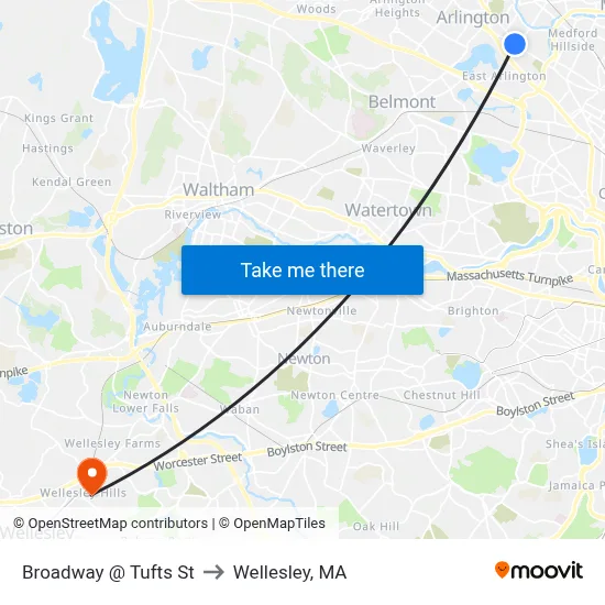 Broadway @ Tufts St to Wellesley, MA map